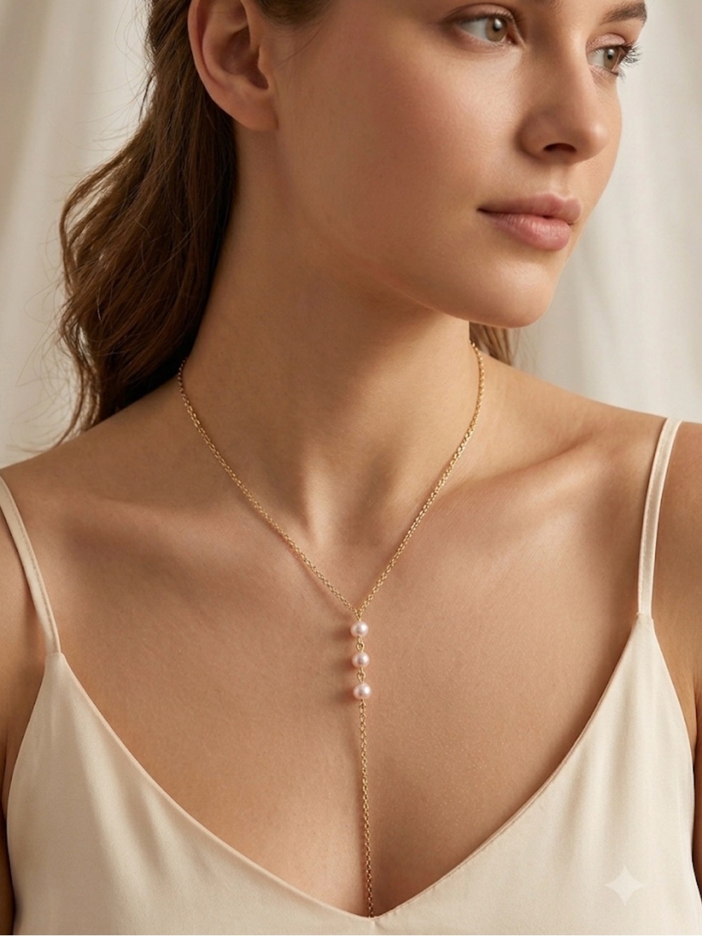 Delicate Gold Lariat Necklace with fresh water Pearl Accents